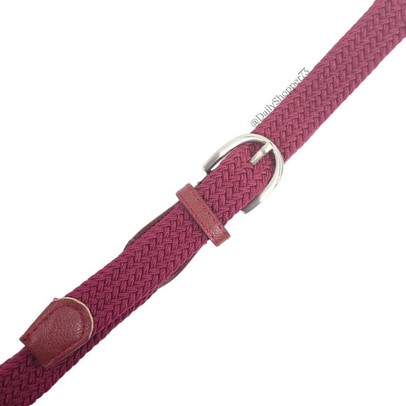 Women's Burgundy Braided Elastic Belt with Vegan Leather Details - Picture 4 of 9